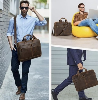 Jack&Chris Full Grain Leather Briefcase for Men, Business Messenger Bag Laptop