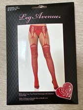 Leg Avenue Lace Top Red Fishnet Stockings With Rhinestones New One Size