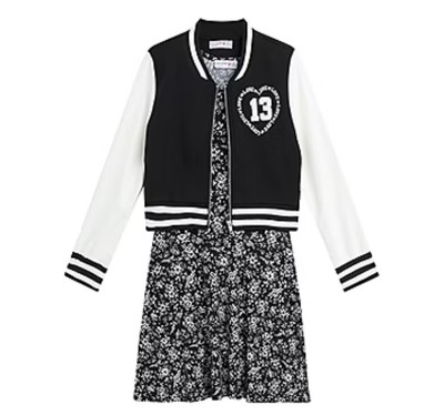 Knit Works Girls Black & White Floral Midi Dress & Varsity Jacket Set XS