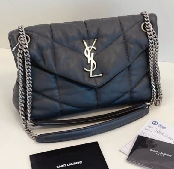 YSL Saint Laurent LouLou Puffer Medium Elephant Grey Crossbody Bag Like New