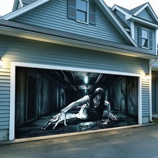 Halloween Garage Door Cover, 7x16Ft Scary Female Ghost with Bloody Eyes Doubl...