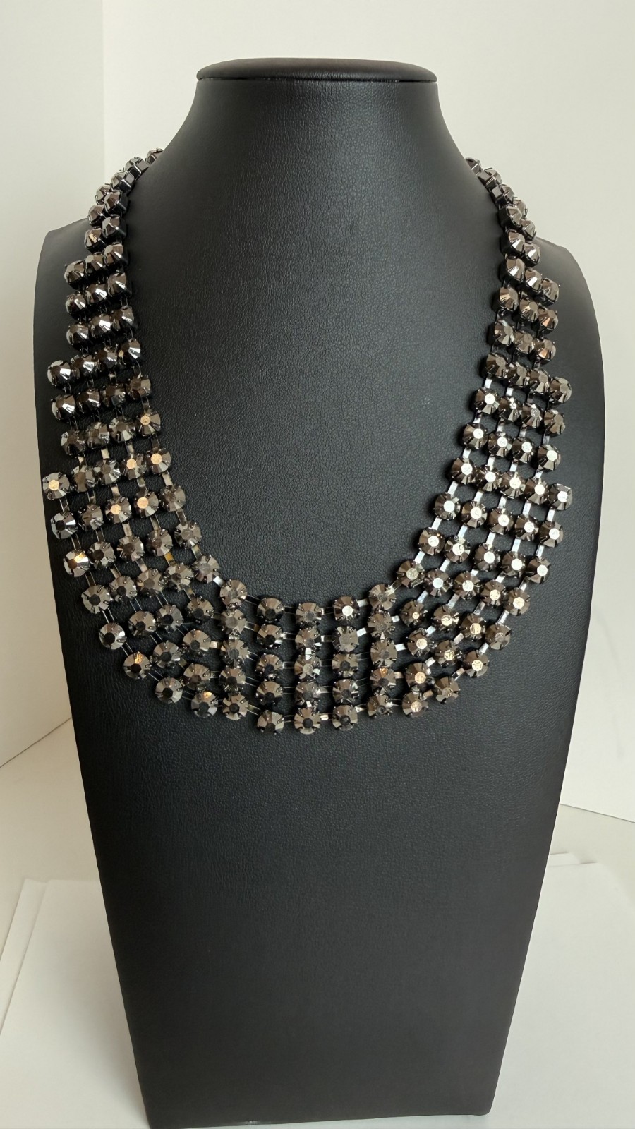 Y2K Black Gunmetal Rhinestone Bib Necklace Faceted Glass Statement