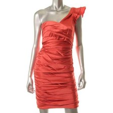 Vera Wang ~Coral Satin Ruffled Ruched One Shoulder Sheath Party Dress 4 NEW $345