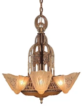  Vintage"After Sunset" 5 light glass slip shade Lightolier Chandelier