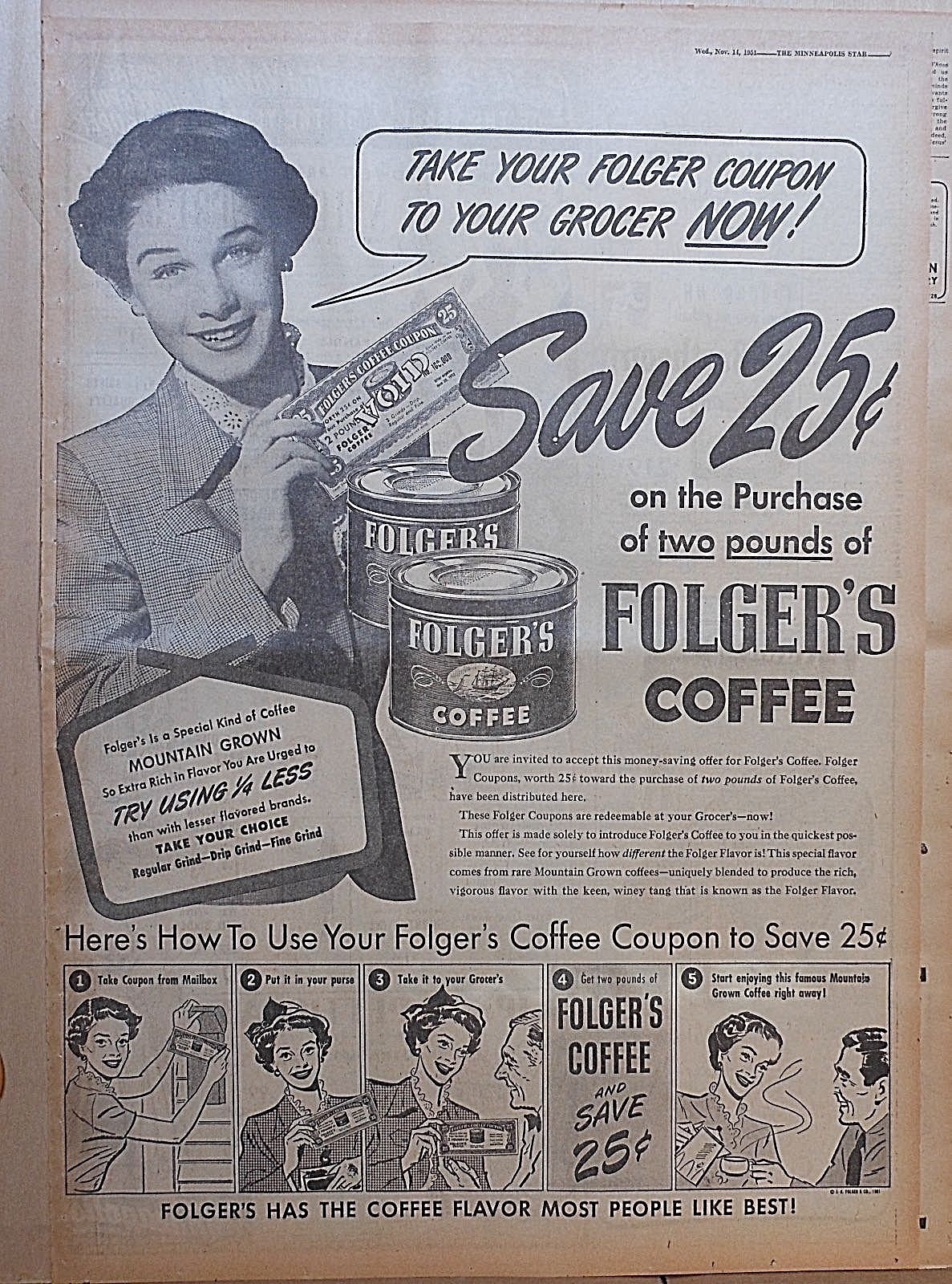 1951 full page newspaper ad for Folger's Coffee - Coffee Coupon, how to ...