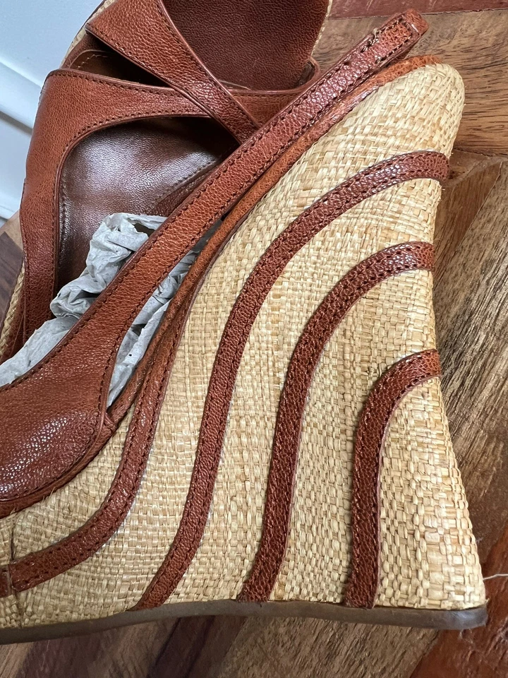 Alexander McQueen Puntera Abierta Alpargata Zapatos Cuero Marrón Tablero Alto Talla 38/8.5 Foto 4 de 4