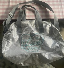 JUSTICE LIVE Silver Duffel Tote Bag Gymnastics Dance Cheer Girl 10 X 16 X 6