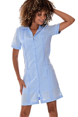 Ladies Lt. Blue 100% Soft Linen Traditional (4) Pocket Guayabera Dress  -LLGD3010 | eBay