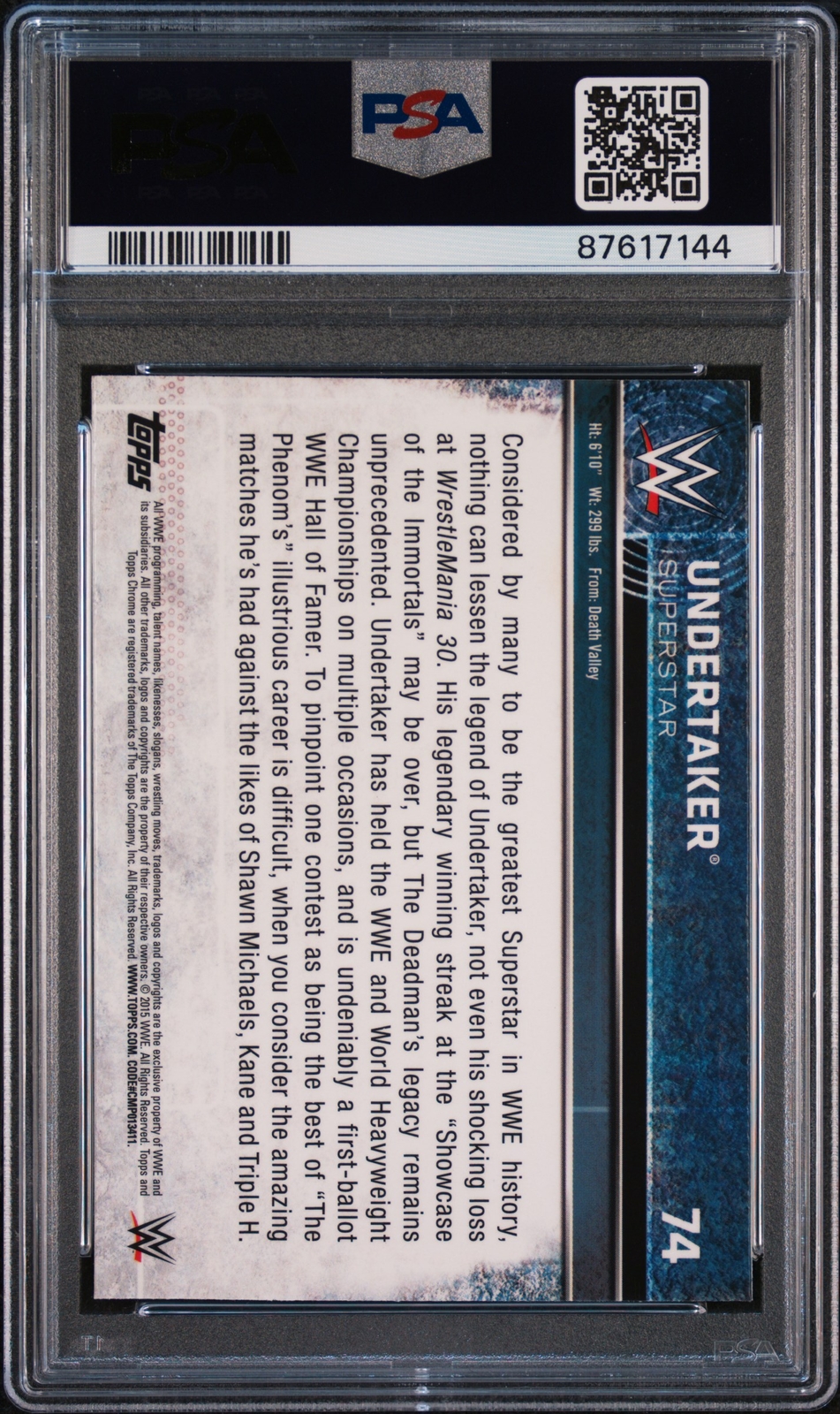 2015 Topps Chrome WWE Undertaker Refractor #74 PSA 9 view 2