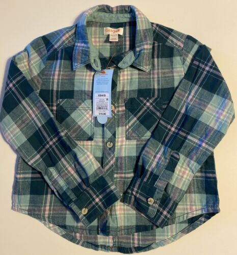 Cat & Jack Plaid Button Up Shirt Girls Size XS 4-5 Green Long Sleeve Collared