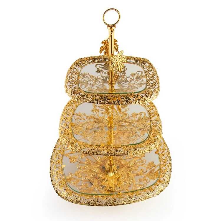 Luxuriöse 3-Stöckige Etagere Serviertablett Servier Platten Gold Blattverzierung - Bild 2 von 3