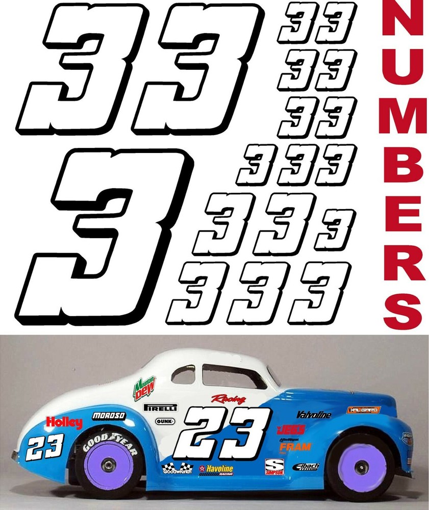 WHITE w/Black (#3's) Racing Numbers Decal Sticker Sheet 1/8-1/10-1/12 TRAXXAS