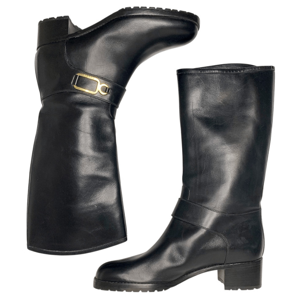 Gucci Tall Black Leather Pull On Riding Boots Size 7.5 Chunky Block Heel image 5