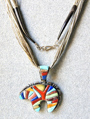 C. Horse, Navajo, Liquid Silver Mult Strand Necklace with Bear Pendant inlaid