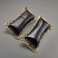 Vtg Puffy Bow Shoe Clips Black Pillows Ornate Gold Tone Filigree Faux Leather