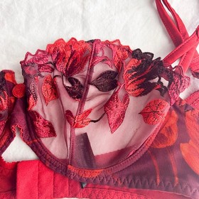 VTG 90s Aubade Demi Cup Underwire Bra Red Floral Lace Luxury Lingerie 34D