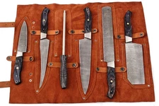 Handmade 6 Damascus Steel BBQ Kitchen Chef knife set with leather roll bag