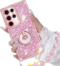 Samsung Galaxy S25 Ultra Case with Ring Stand, Glitter Sparkle Phone Cover, Pink