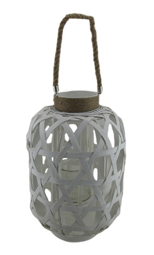 Scratch & Dent White Woven Wood Lattice Candle Lantern with Rope Handle
