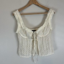 PLT white Corset Top Tank Tie Front Ivory Lace Ruffle Size 6 S M Sheer Romantic