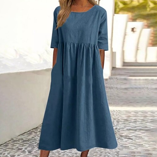 Womens Short sleeved Cotton linen Dress Loose Fit Round neck Pocket pleated - Picture 6 of 8