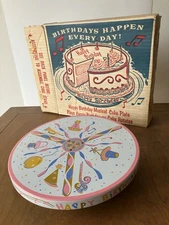 vintage Musical Cake Plate Fabcraft tin litho original box works Happy Birthday