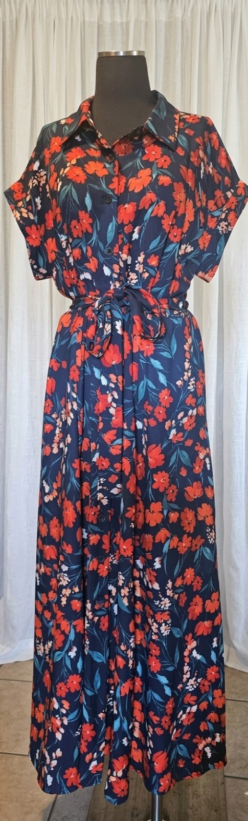 Calvin Klein Blue Red Floral Long Dress Collared Neck Short Sleeve 16
