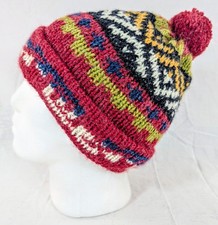 Colorful Soft Alpaca Red Beanie Pom Pom Handmade Unisex Boho Peru