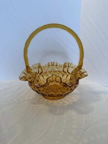 Fenton Amber Glass Ruffled Basket 8.5" Colonial Thumbprint Signed Artisan Mark