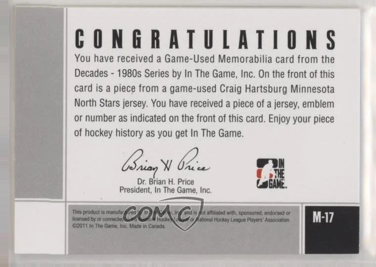 2010-11 ITG Decades 1980s Game-Used Jersey Black /120 Craig Hartsburg #M-17 - Image 2 of 2