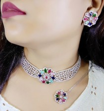 American Diamond CZ Necklace Set Silver Plated Indian Wedding Bridal Jewelry set