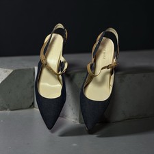 Nine West Women’s Slingback Heels Size 8.5 Denim Pointed Toe Tan Strap