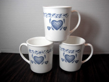 Corningware Coffee/Tea Cups Mugs Blue Hearts Set of 3