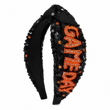 Headband Knotted Sequin Gameday Beaded Orange Black Sports Fan Gear Spirit Week