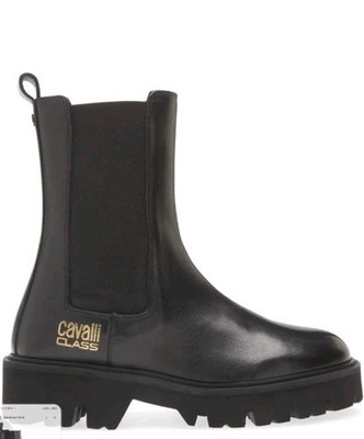 Roberto Cavalli Cavalli Class Cortina Lug Chelsea Black Leather Ankle Boots