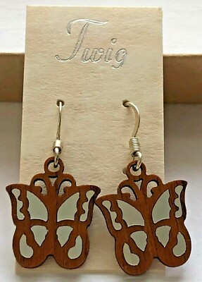Twig Earrings Cherry Wood Silver Foil Woodcutts Surgical Steel Hook Butterfly
