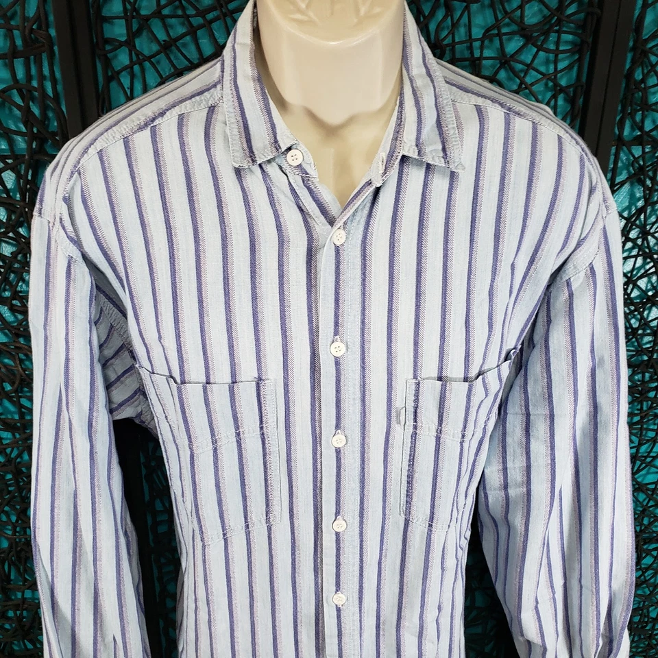 VTG LEVI'S SILVER TAB MENS LONG SLEEVE BUTTON UP SHIRT SZ. L BLUE STRIPE COTTON - Image 3 of 4