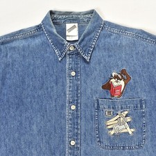 Vtg Warner Bros Taz Manian Devil Mr Fix It Embroidered Denim Shirt Long Sleeve L