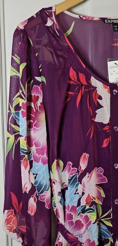 Express Dress Small NWT Magenta Floral Button-Up Belt 2-Pc. Cottagecore Sheer - Picture 4 of 24