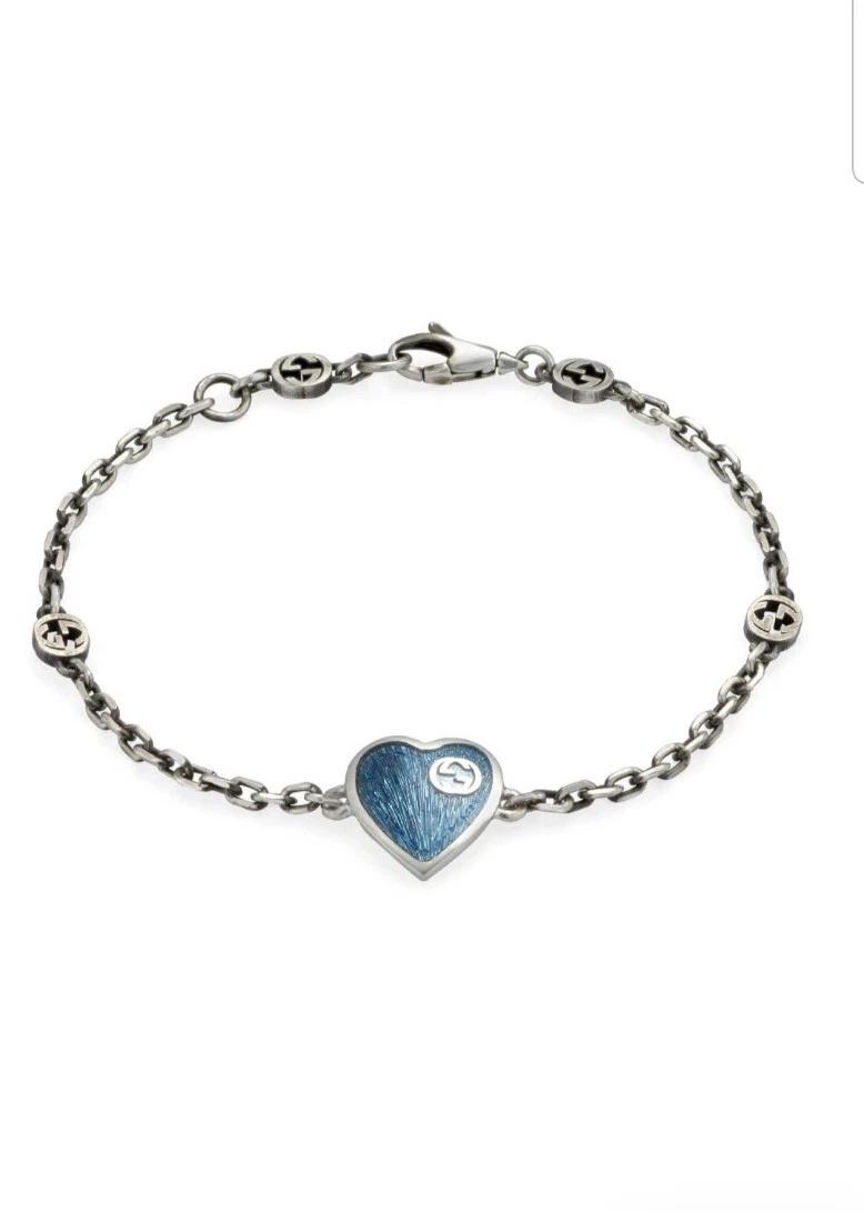 RARO BRACCIALE GUCCI PUSH PRESENT CUORE BLU DOPPIO GG ARGENTO 925 CHARM SMALTO