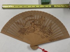 Asian Pierced Wood Folding Hand Fan W Tassel Orignal Box NEW