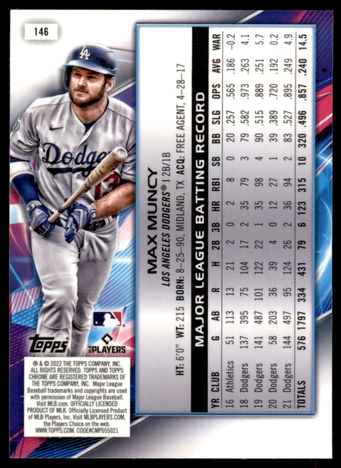 Max Muncy 2022 Topps Cosmic Chrome Base Card #146 Los Angeles Dodgers - Image 2 of 2