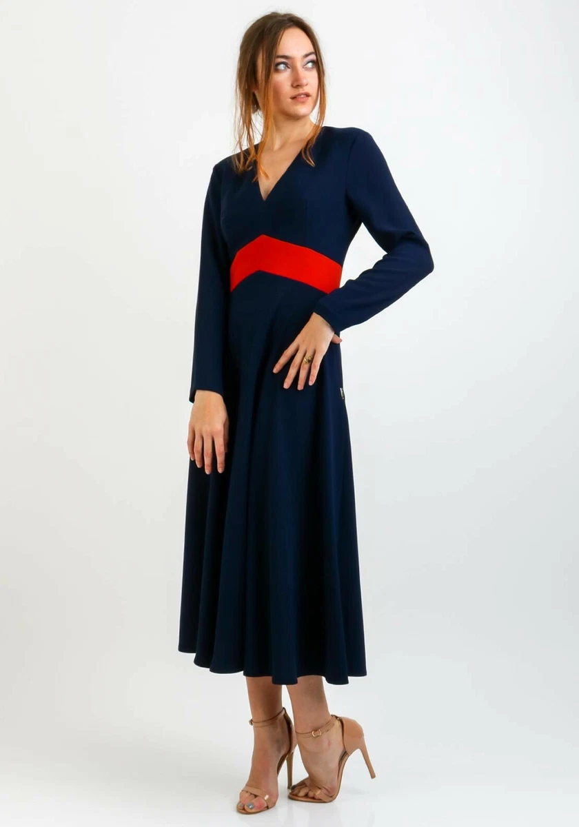 NEW Exquise Navy A Line V Neck Midi Dress with Red Waist Panel UK