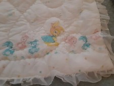 Vintage Pink Blue BUNNY BUNNIES Nylon Crib Quilt Comforter Baby Blanket