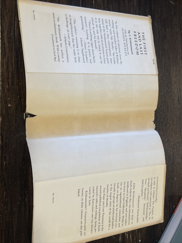 The First and Last Freedom J. Krishnamurti Aldous Huxley 1954 1st