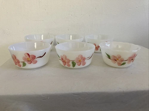 6 Vintage Fire king Milk Glass Peach Blossom Dessert Bowls Lot