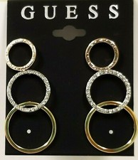 NEW GUESS 3 PC SET 3 TONE ROSE GOLD+SILVER+GOLD CRYSTALS HOOP HOOK EARRINGS