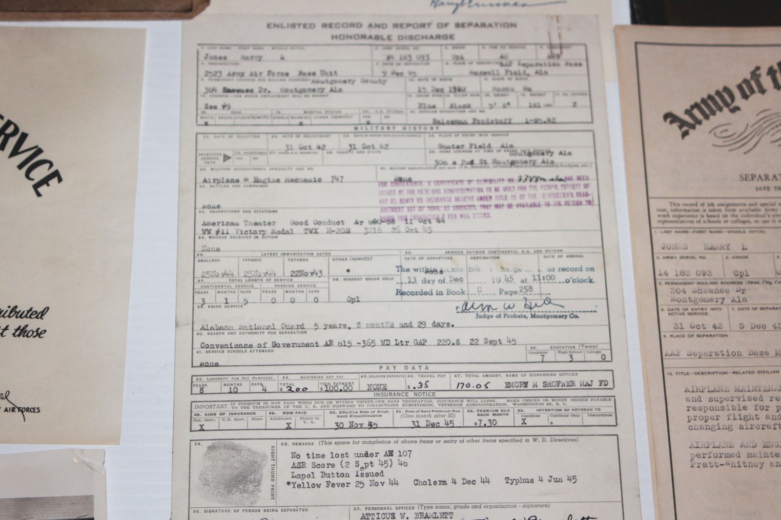 WWII Army Air Force Service Records, Honorable Discharge, Pics, Patch