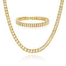 Men's Women's Gold Tone 18" Tennis Chain  8" 2 Row Bracelet SET G