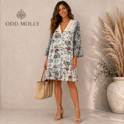 Odd Molly Damen weiß Knopfleiste Glockenärmel Boho Minikleid Größe 1 UK 10